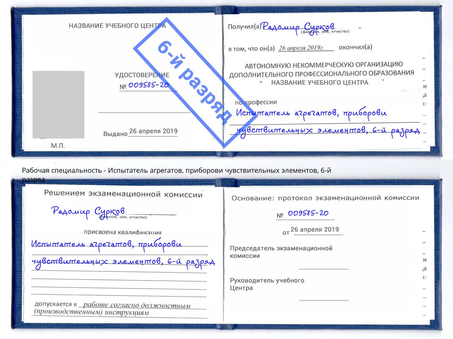 корочка 6-й разряд Испытатель агрегатов, приборови чувствительных элементов Усть-Кут
