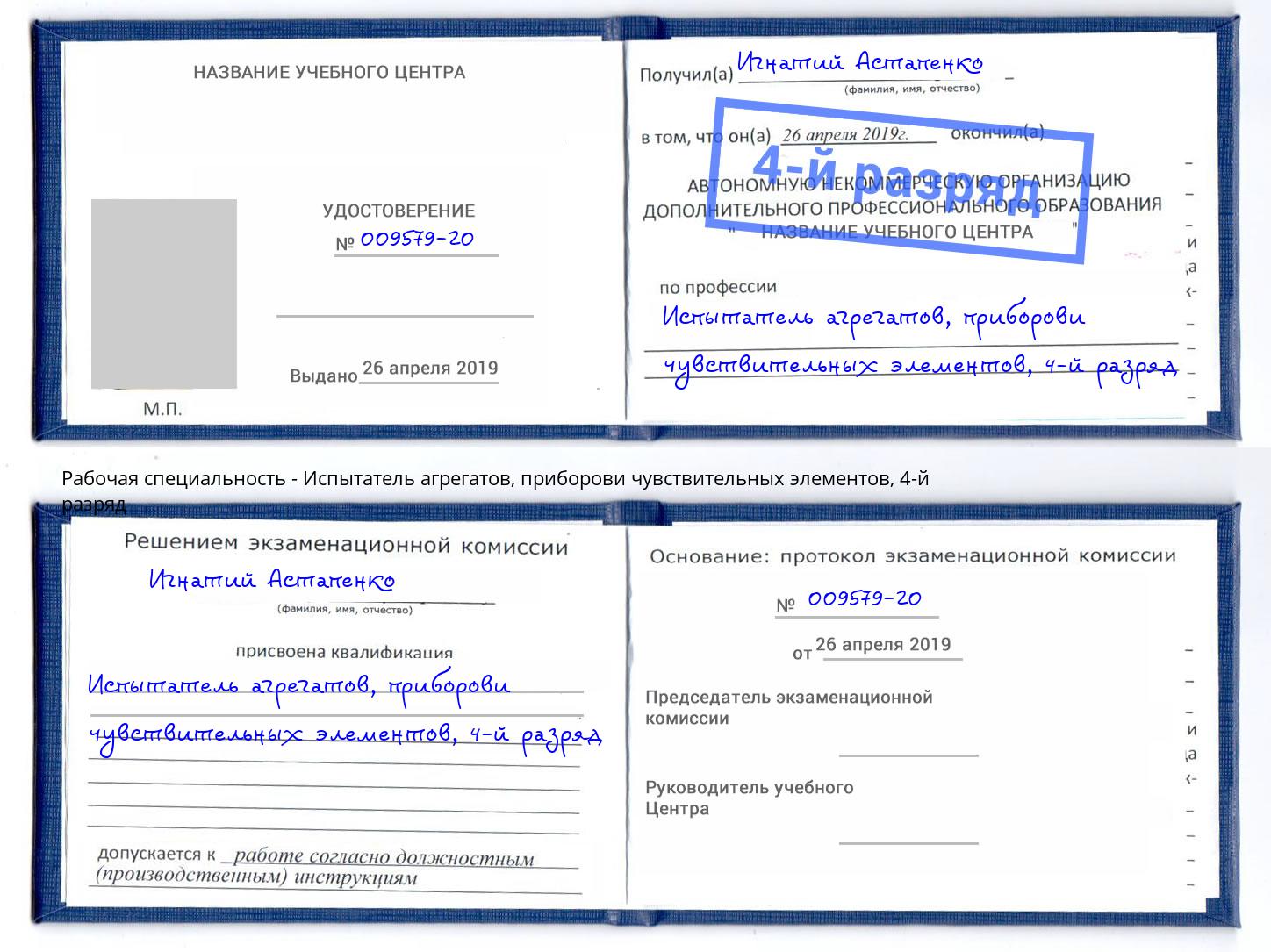 корочка 4-й разряд Испытатель агрегатов, приборови чувствительных элементов Усть-Кут