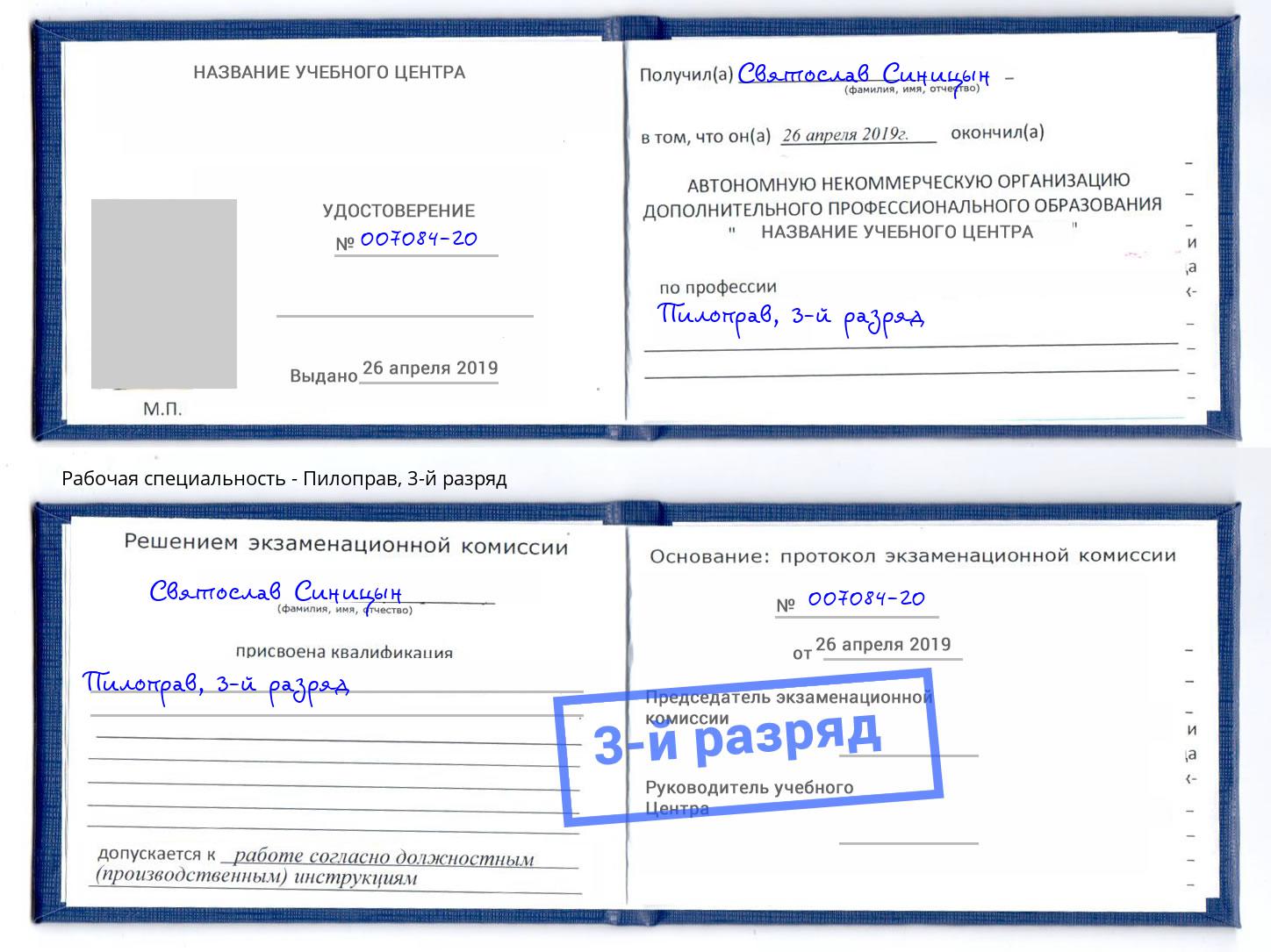 корочка 3-й разряд Пилоправ Усть-Кут